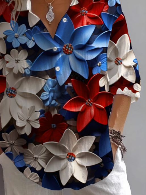Women Floral Long Sleeve Shirt Spring/Fall Printing Shirt Collar Daily Casual Top