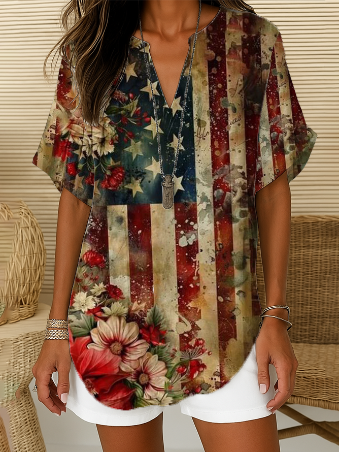 Women Floral Short Sleeve Shirt Summer Printing V Neck Daily Casual Top