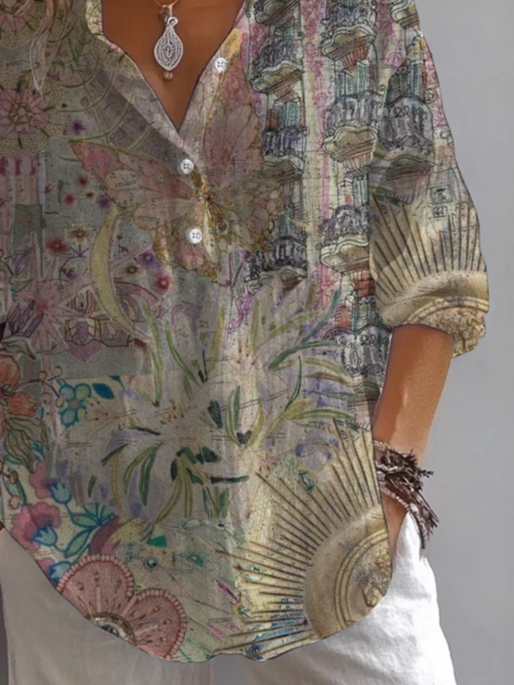 Women Abstract Long Sleeve Shirt Spring/Fall Printing Shirt Collar Daily Casual Top
