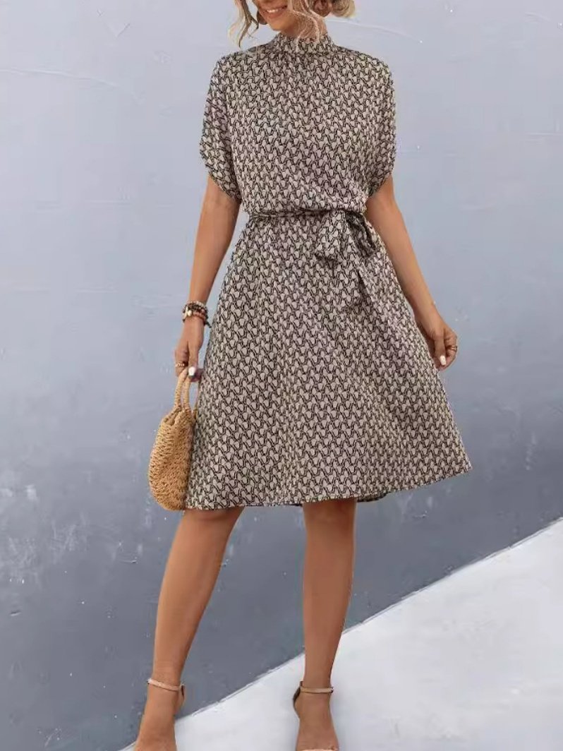 Women Geometric Short Sleeve Summer Printing Dress Crew Neck Daily Vintage Midi Tunic A-Line Dress