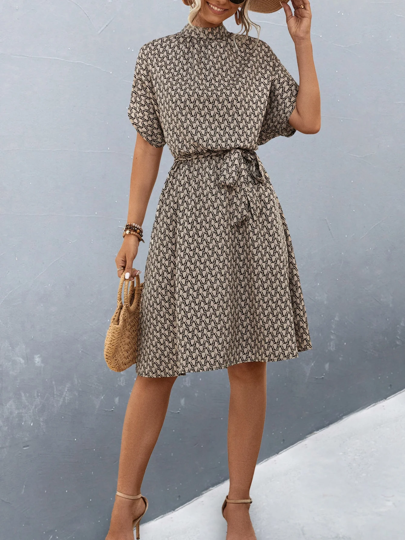 Women Geometric Short Sleeve Summer Printing Dress Crew Neck Daily Vintage Midi Tunic A-Line Dress