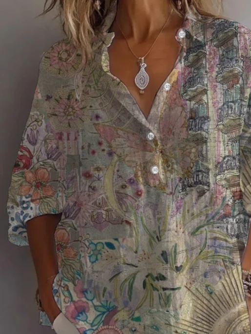 Women Abstract Long Sleeve Shirt Spring/Fall Printing Shirt Collar Daily Casual Top