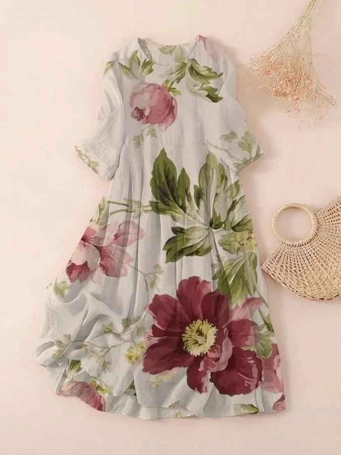 Women Floral Three Quarter Sleeve Spring/Fall Printing Dress Crew Neck Daily Casual Maxi Classic H-Line Dress