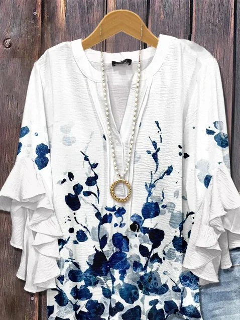 Women Floral Half Sleeve Shirt Summer Printing V Neck Daily Casual Top