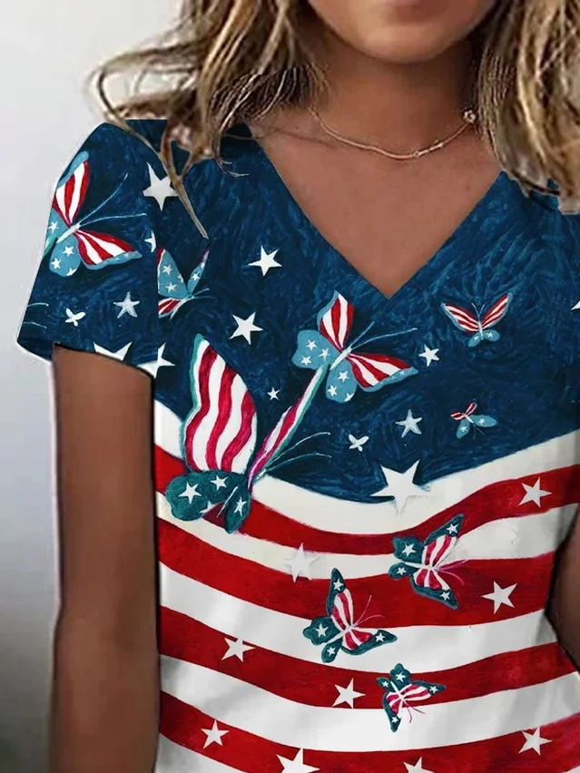 Women Butterfly Short Sleeve Tee T-shirt V Neck Printing Casual Summer Graphic Tee Top