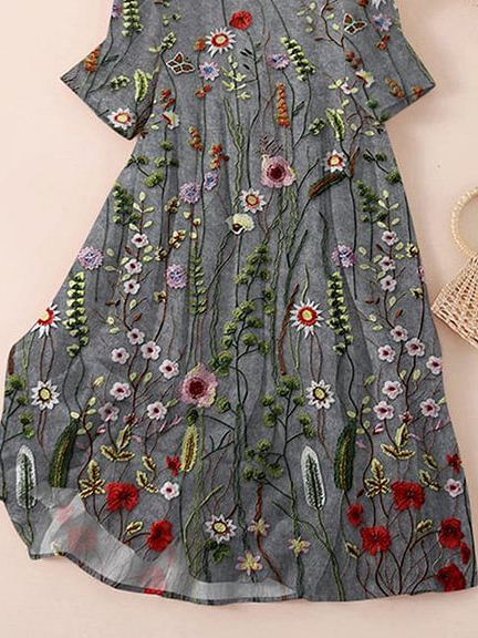 Women Floral Three Quarter Sleeve Spring/Fall Printing Dress Crew Neck Daily Casual Maxi Classic H-Line Dress