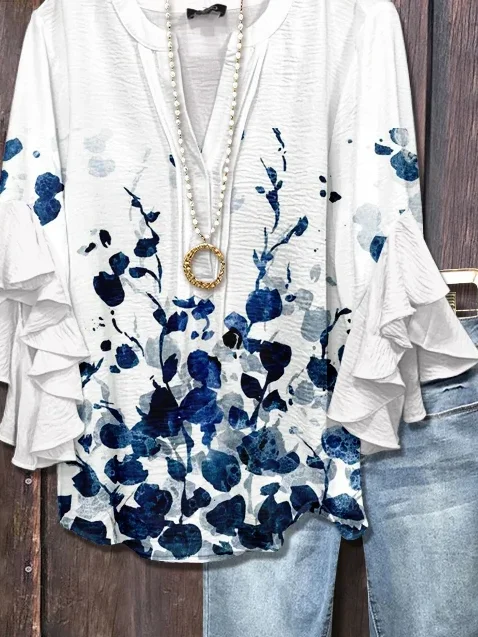Women Floral Half Sleeve Shirt Summer Printing V Neck Daily Casual Top