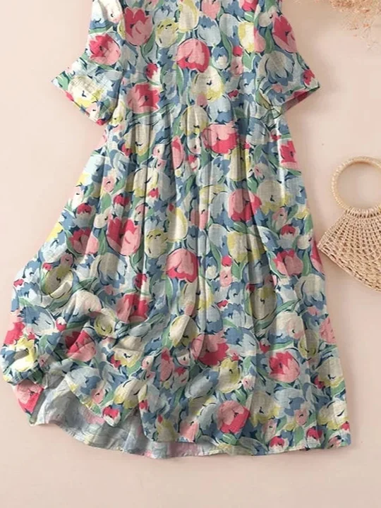 Women Floral Three Quarter Sleeve Spring/Fall Printing Dress Crew Neck Daily Casual Maxi Classic H-Line Dress