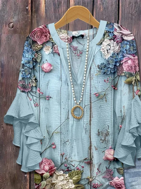 Women Floral Half Sleeve Shirt Summer Printing V Neck Daily Casual Top