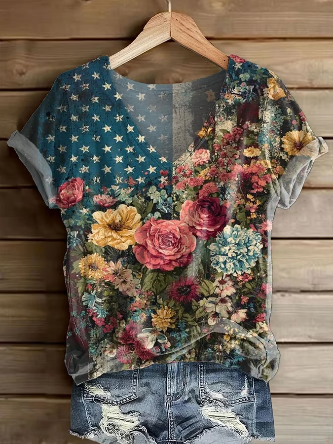 Women Floral Short Sleeve Tee T-shirt V Neck Printing Casual Summer Graphic Tee Top