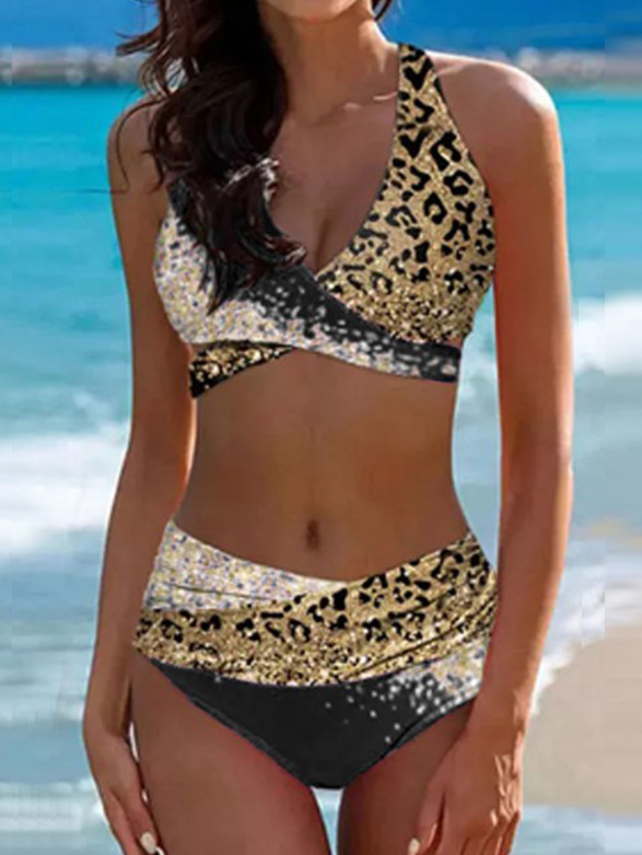 Boho Glitter Color Block Sexy Women's Swimsuit Cross Leopard Sequin Gradient Bikini
