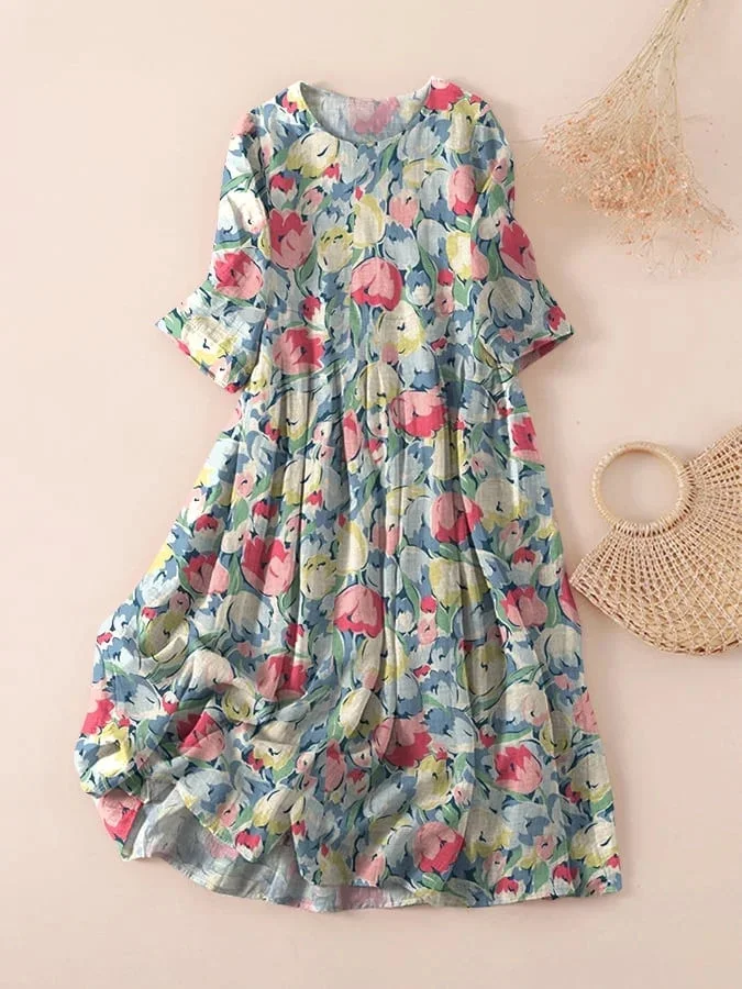 Women Floral Three Quarter Sleeve Spring/Fall Printing Dress Crew Neck Daily Casual Maxi Classic H-Line Dress
