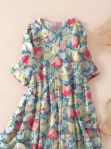 Women Floral Three Quarter Sleeve Spring/Fall Printing Dress Crew Neck Daily Casual Maxi Classic H-Line Dress