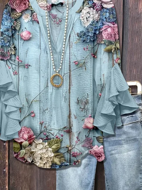 Women Floral Half Sleeve Shirt Summer Printing V Neck Daily Casual Top