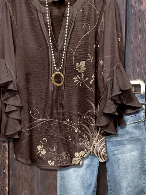 Women Floral Half Sleeve Shirt Summer Printing V Neck Daily Casual Top