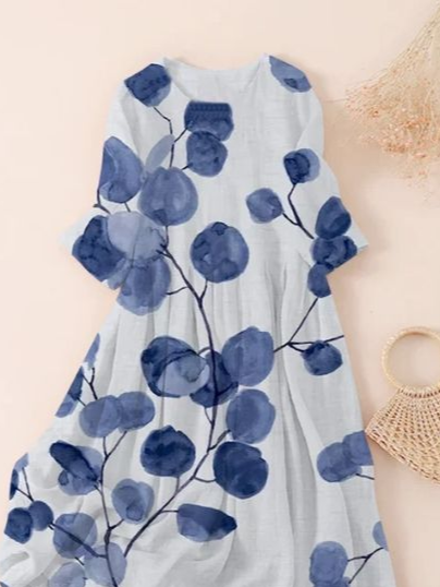 Women Floral Three Quarter Sleeve Spring/Fall Printing Dress Crew Neck Daily Casual Maxi Classic H-Line Dress
