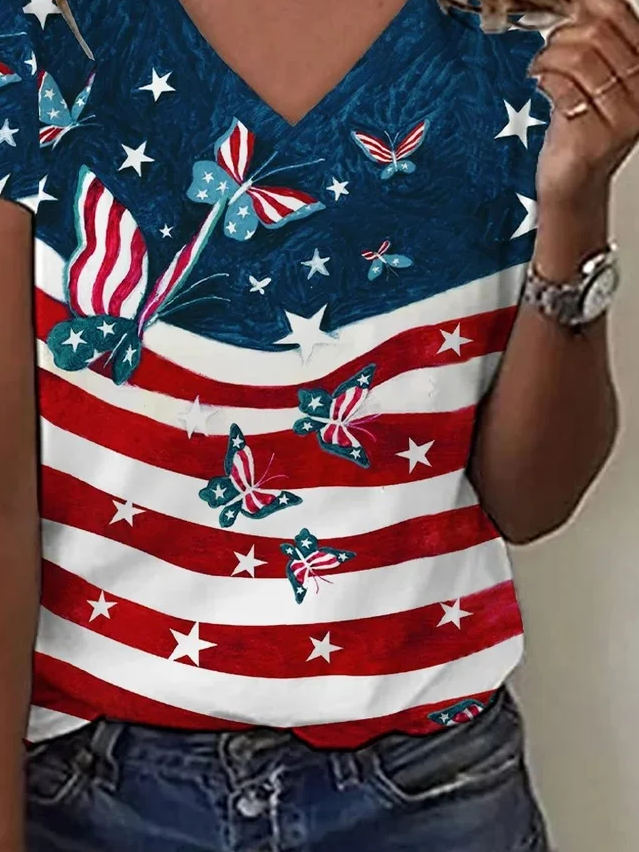 Women Butterfly Short Sleeve Tee T-shirt V Neck Printing Casual Summer Graphic Tee Top