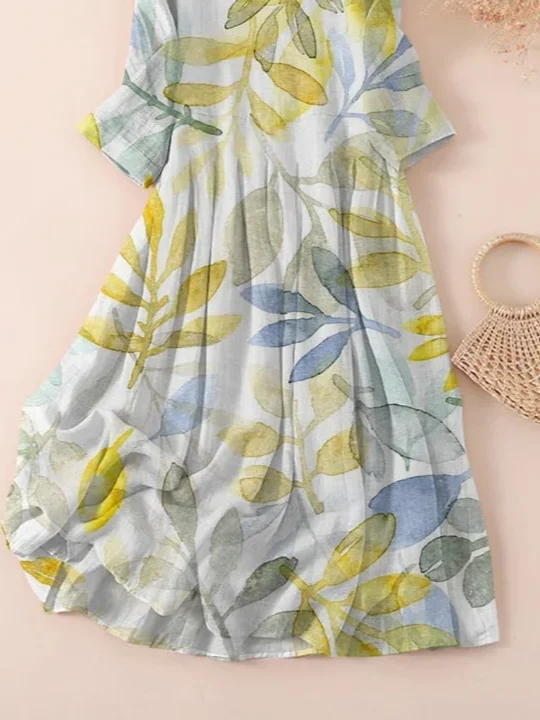 Women Floral Three Quarter Sleeve Spring/Fall Printing Dress Crew Neck Daily Casual Maxi Classic H-Line Dress