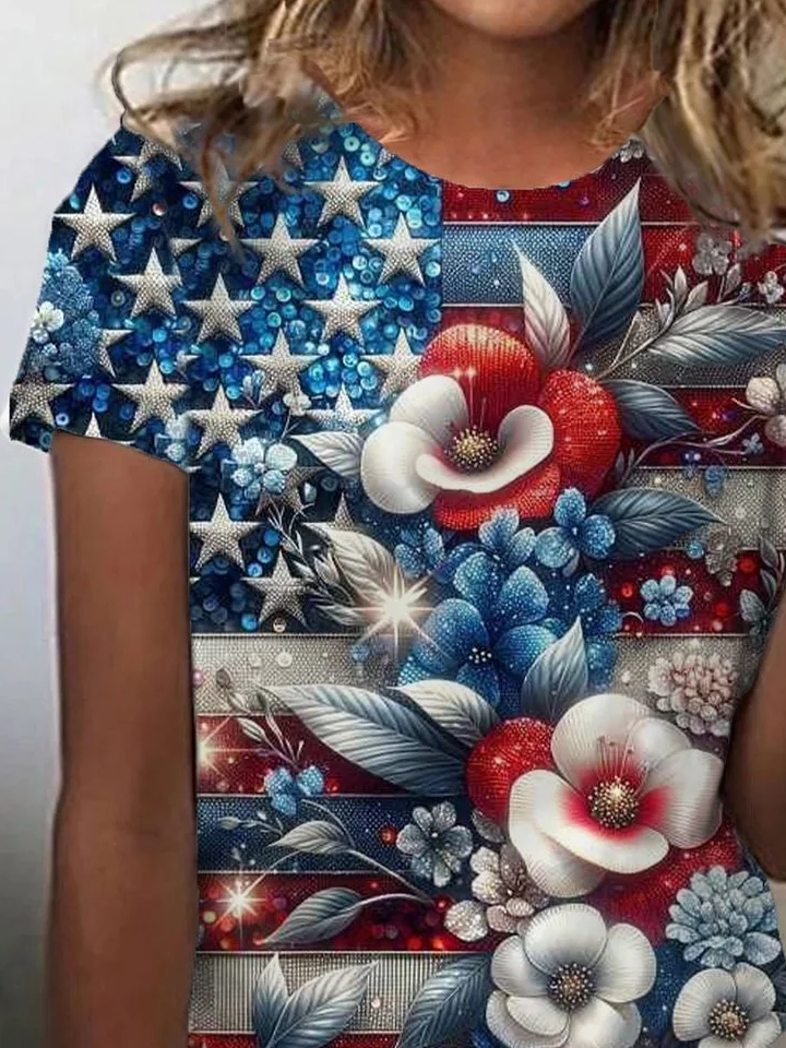 Women Floral Short Sleeve Tee T-shirt Crew Neck Printing Casual Summer Graphic Tee Top