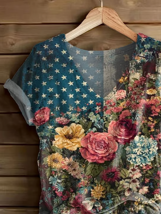 Women Floral Short Sleeve Tee T-shirt V Neck Printing Casual Summer Graphic Tee Top