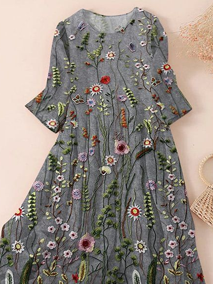 Women Floral Three Quarter Sleeve Spring/Fall Printing Dress Crew Neck Daily Casual Maxi Classic H-Line Dress