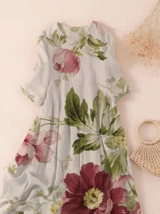 Women Floral Three Quarter Sleeve Spring/Fall Printing Dress Crew Neck Daily Casual Maxi Classic H-Line Dress