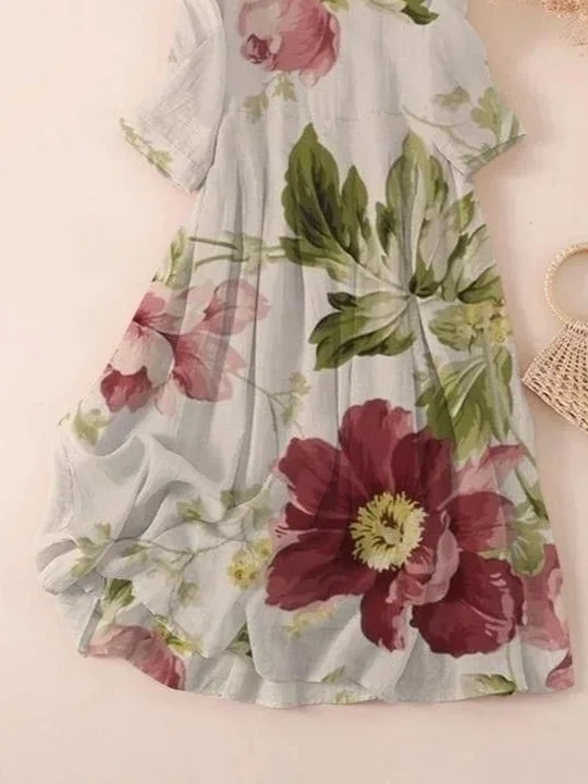 Women Floral Three Quarter Sleeve Spring/Fall Printing Dress Crew Neck Daily Casual Maxi Classic H-Line Dress