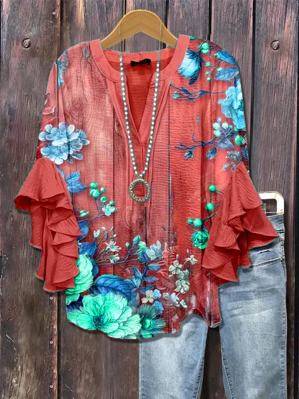 Women Floral Half Sleeve Shirt Summer Printing V Neck Daily Casual Top