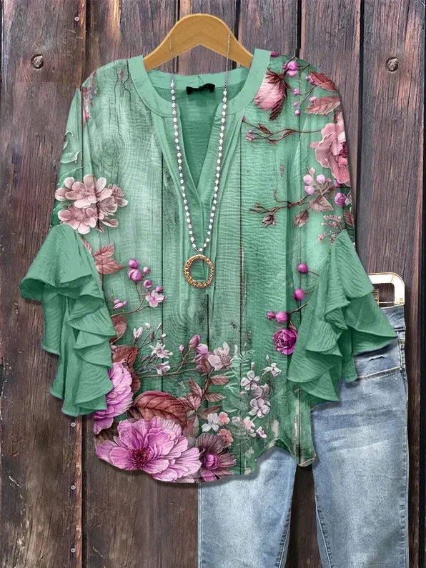 Women Floral Half Sleeve Shirt Summer Printing V Neck Daily Casual Top