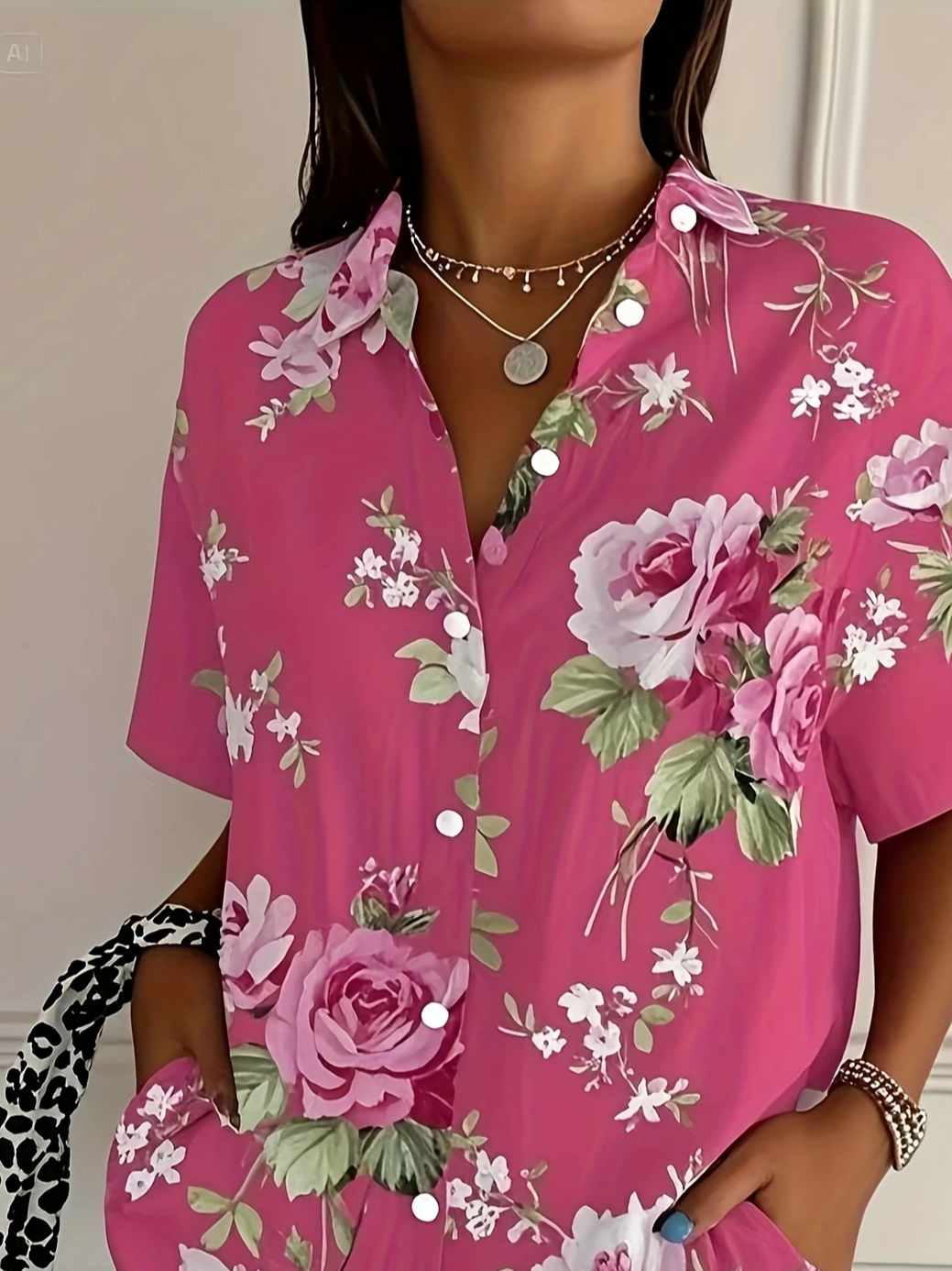 Women Floral Short Sleeve Shirt Summer Printing Shirt Collar Daily Casual Top