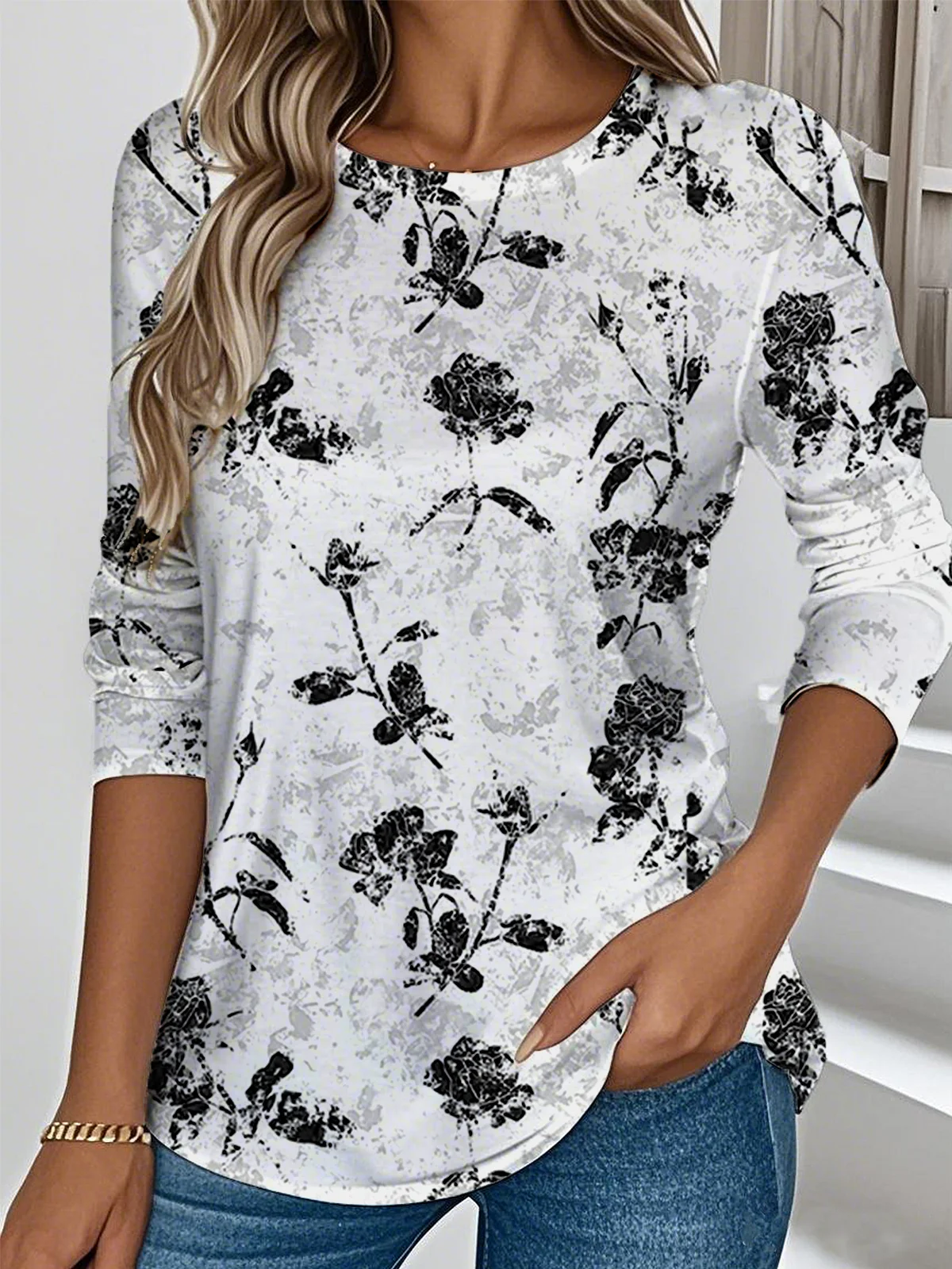 Women Floral Long Sleeve Tee T-shirt Crew Neck Casual Spring/Fall Top