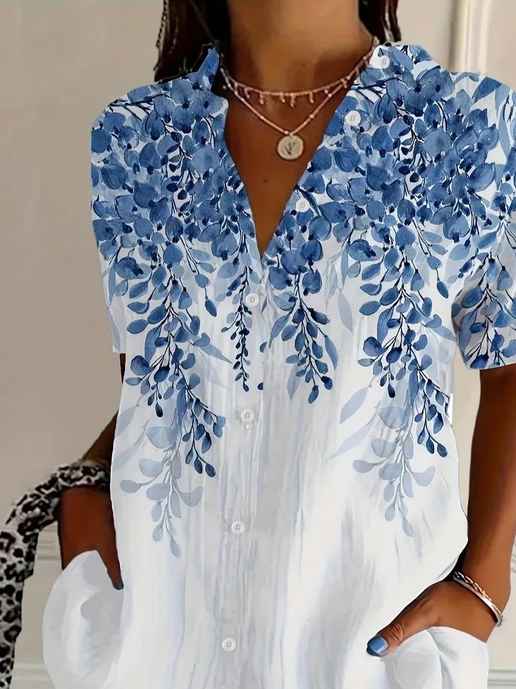 Women Floral Short Sleeve Shirt Summer Printing Shirt Collar Daily Casual Top