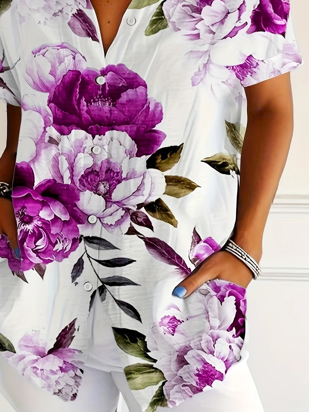 Women Floral Short Sleeve Shirt Summer Printing Shirt Collar Daily Casual Top