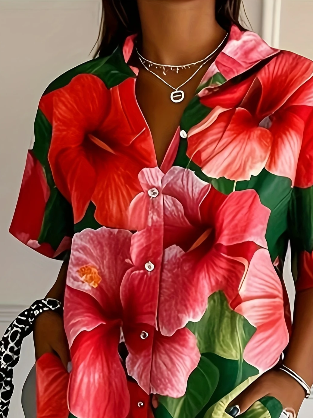 Women Floral Short Sleeve Shirt Summer Printing Shirt Collar Daily Casual Top