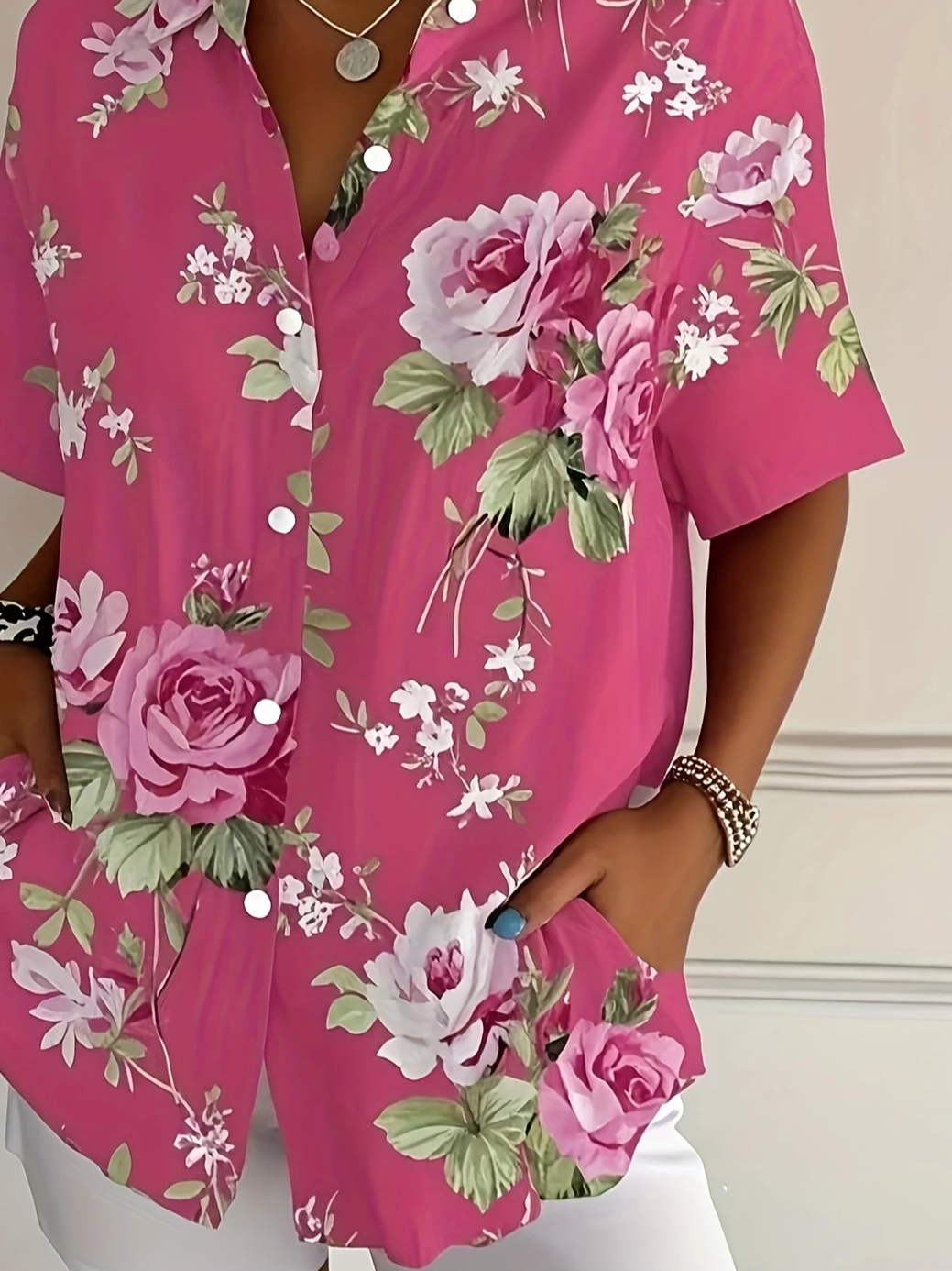 Women Floral Short Sleeve Shirt Summer Printing Shirt Collar Daily Casual Top