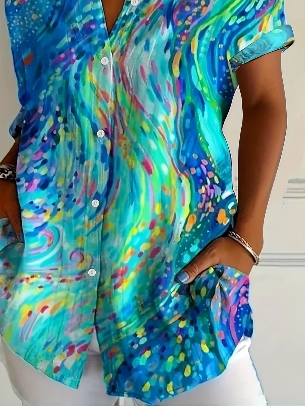 Women Abstract Short Sleeve Shirt Summer Printing Shirt Collar Daily Casual Top