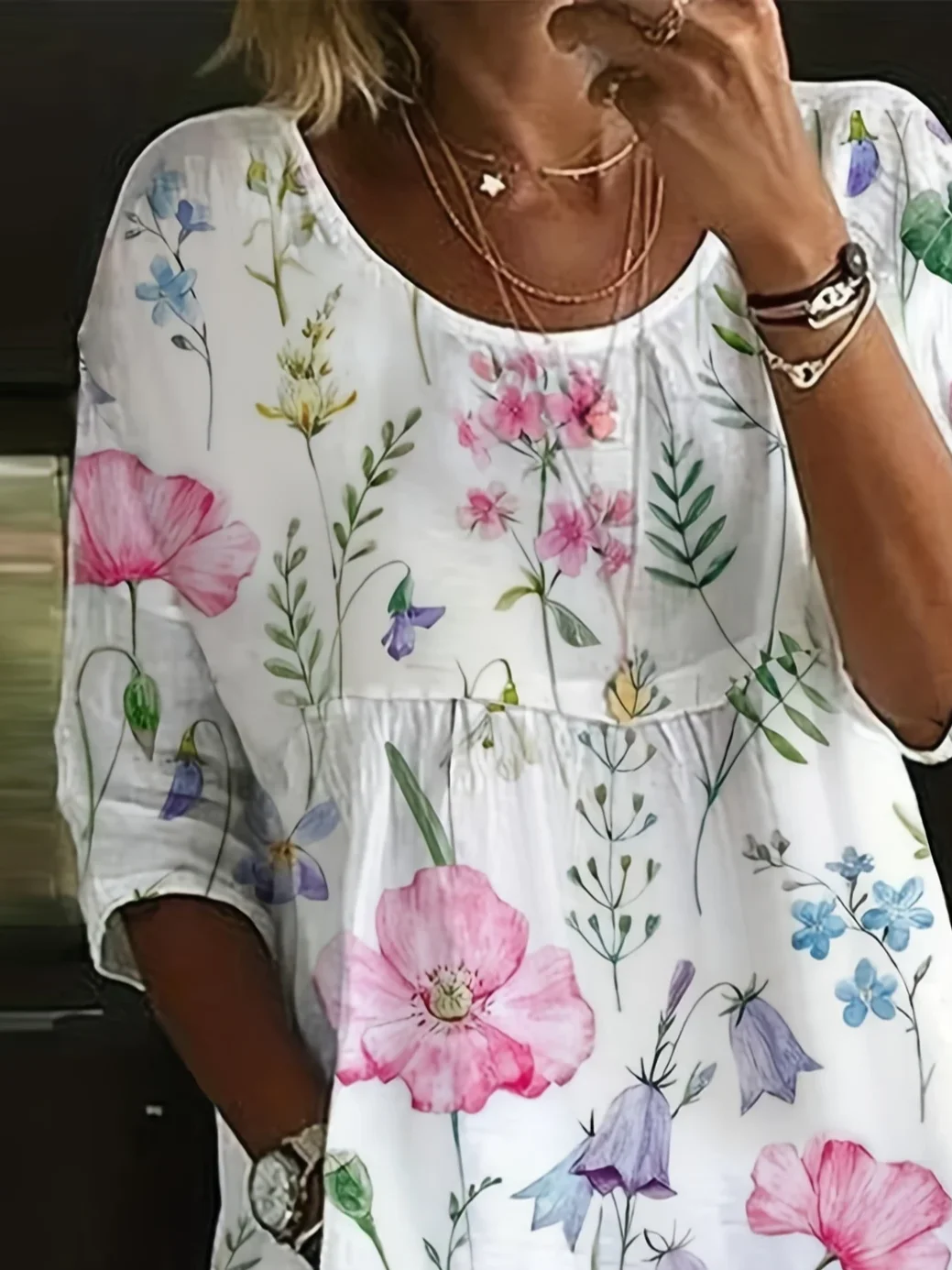 Women Floral Half Sleeve Shirt Summer Printing Crew Neck Daily Casual Top
