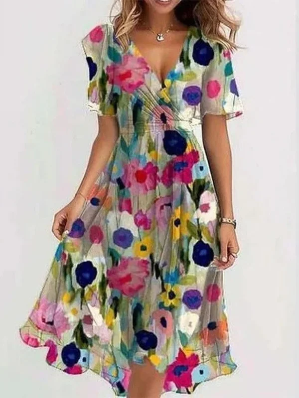 Women Floral Short Sleeve Summer Printing Dress V Neck Daily Vintage Maxi Ruffle Skirt A-Line Dress
