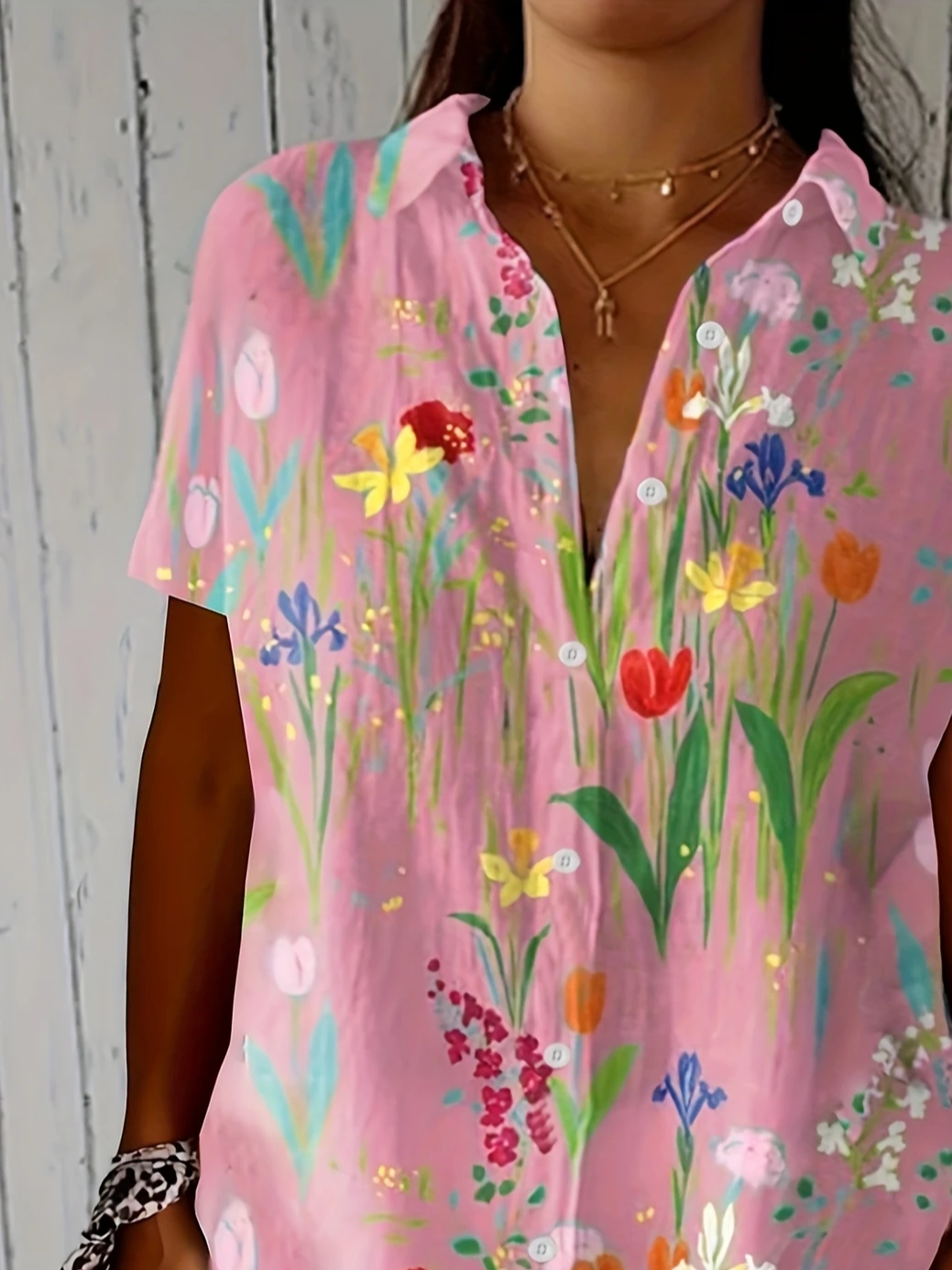 Women Floral Short Sleeve Shirt Summer Printing Shirt Collar Daily Casual Top