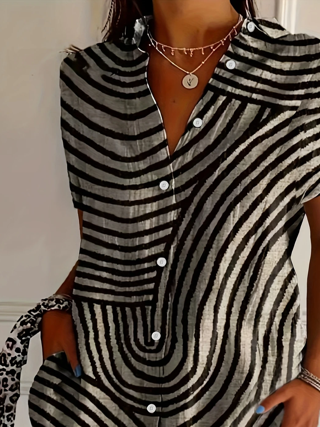 Women Abstract Stripes Short Sleeve Shirt Summer Printing Shirt Collar Daily Casual Top
