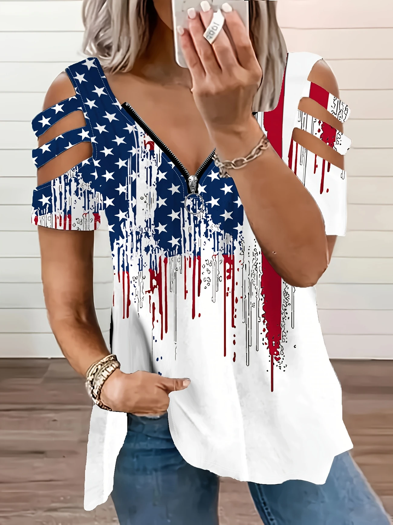 Women Independence Day (Flag) Short Sleeve Tee T-shirt V Neck Printing Vintage Summer Tunic Top