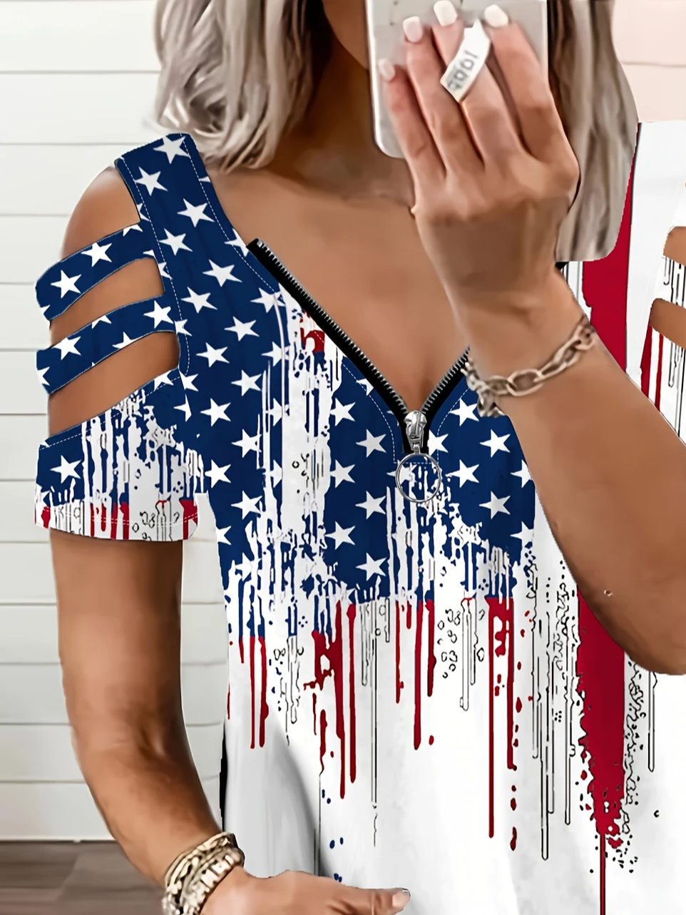 Women Independence Day (Flag) Short Sleeve Tee T-shirt V Neck Printing Vintage Summer Tunic Top