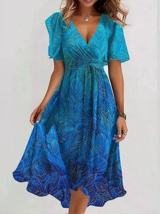 Women Floral Short Sleeve Summer Printing Dress V Neck Daily Vintage Maxi Ruffle Skirt A-Line Dress