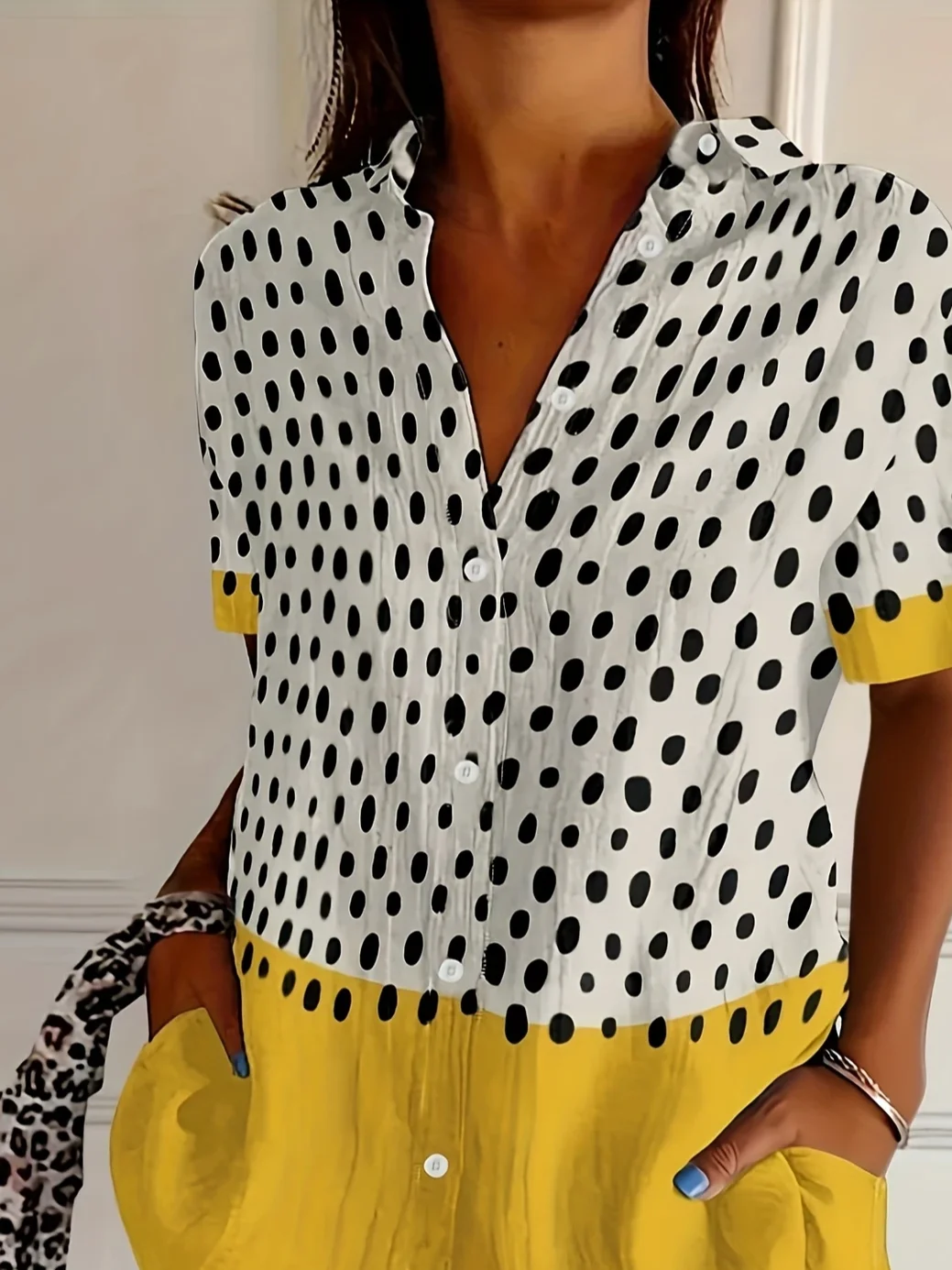 Women Abstract Polka Dots Short Sleeve Shirt Summer Printing Shirt Collar Daily Casual Top