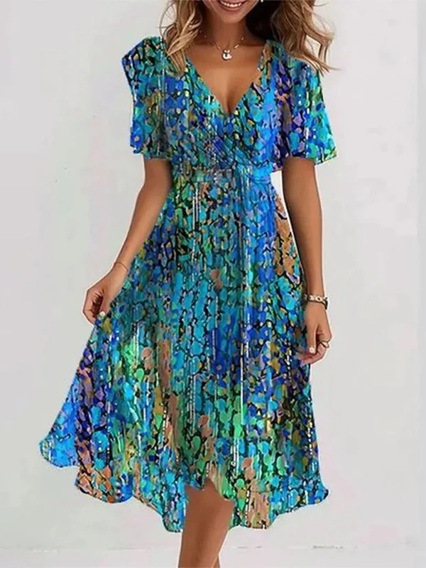 Women Floral Short Sleeve Summer Printing Dress V Neck Daily Vintage Maxi Ruffle Skirt A-Line Dress