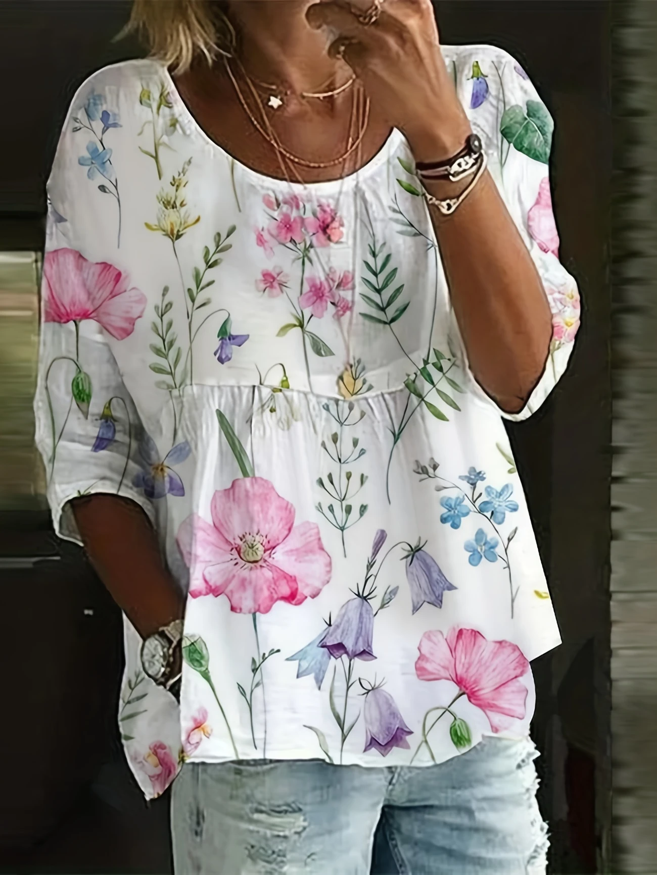 Women Floral Half Sleeve Shirt Summer Printing Crew Neck Daily Casual Top