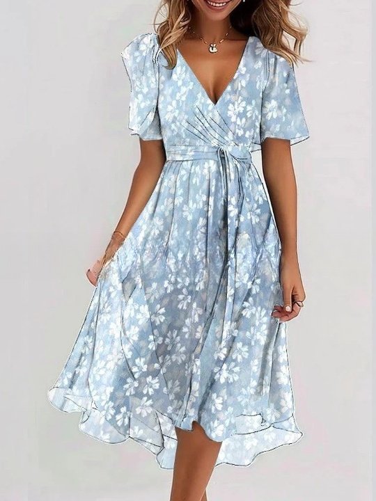 Women Floral Short Sleeve Summer Printing Dress V Neck Daily Vintage Maxi Ruffle Skirt A-Line Dress