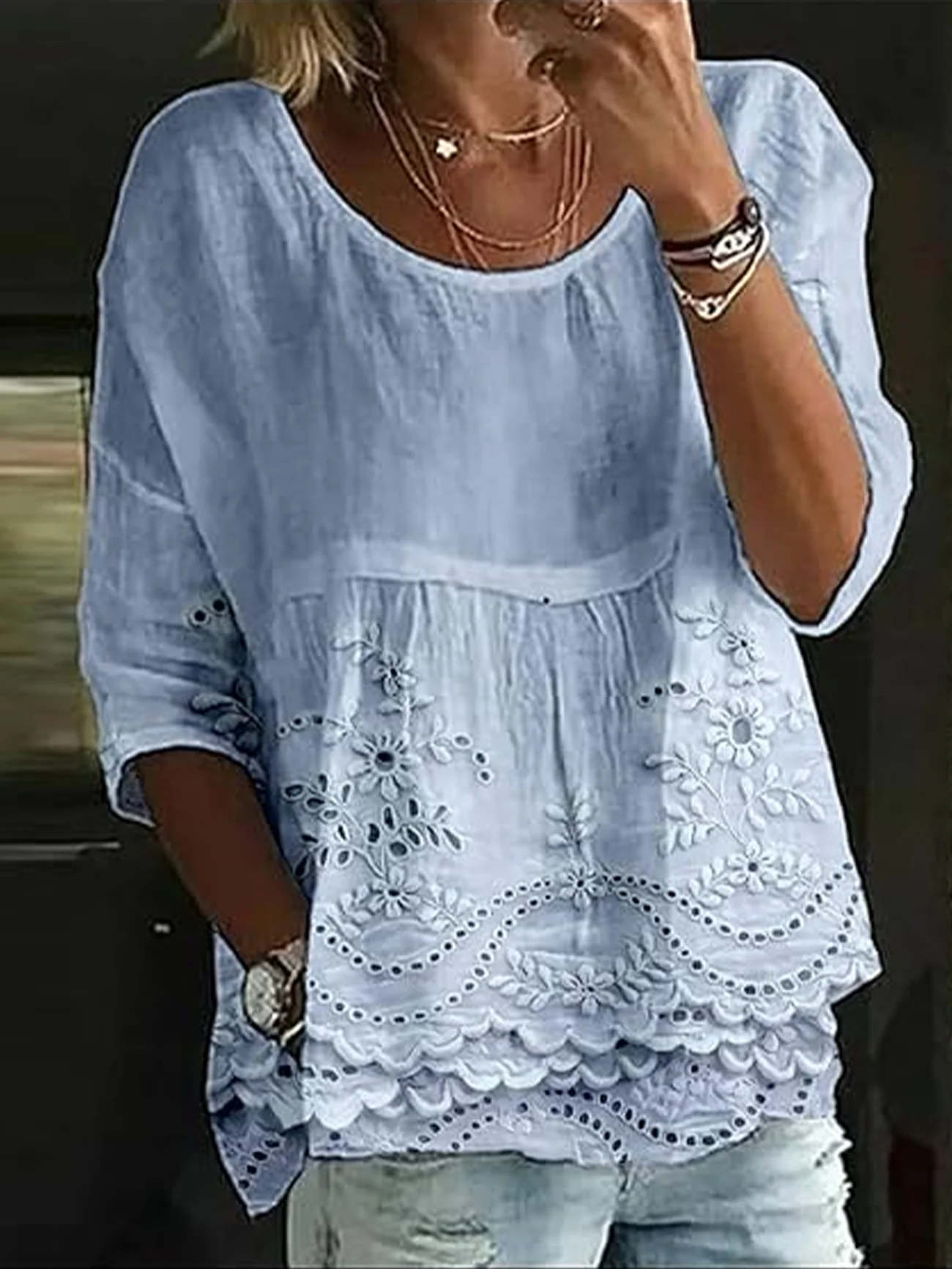 Women Floral Half Sleeve Shirt Summer Printing Crew Neck Daily Casual Top