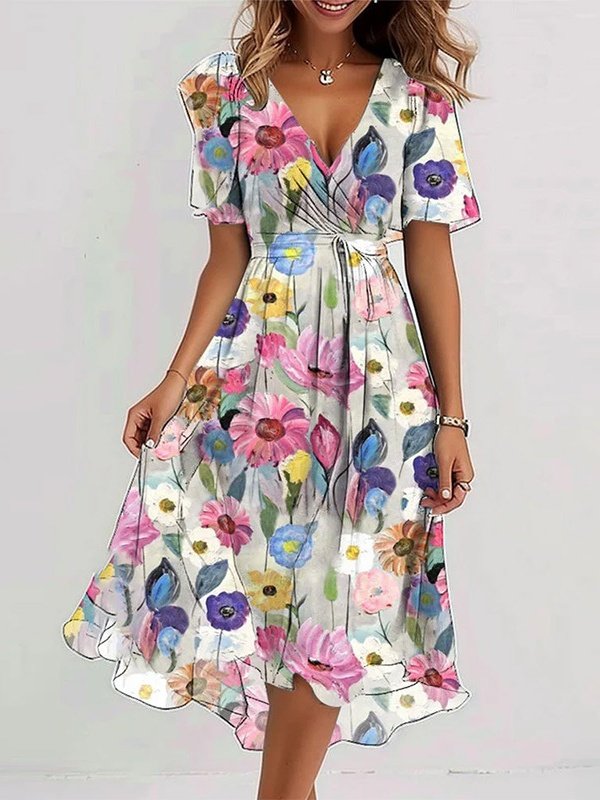 Women Floral Short Sleeve Summer Printing Dress V Neck Daily Vintage Maxi Ruffle Skirt A-Line Dress