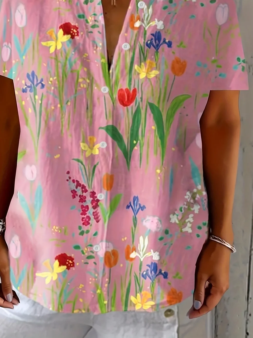 Women Floral Short Sleeve Shirt Summer Printing Shirt Collar Daily Casual Top